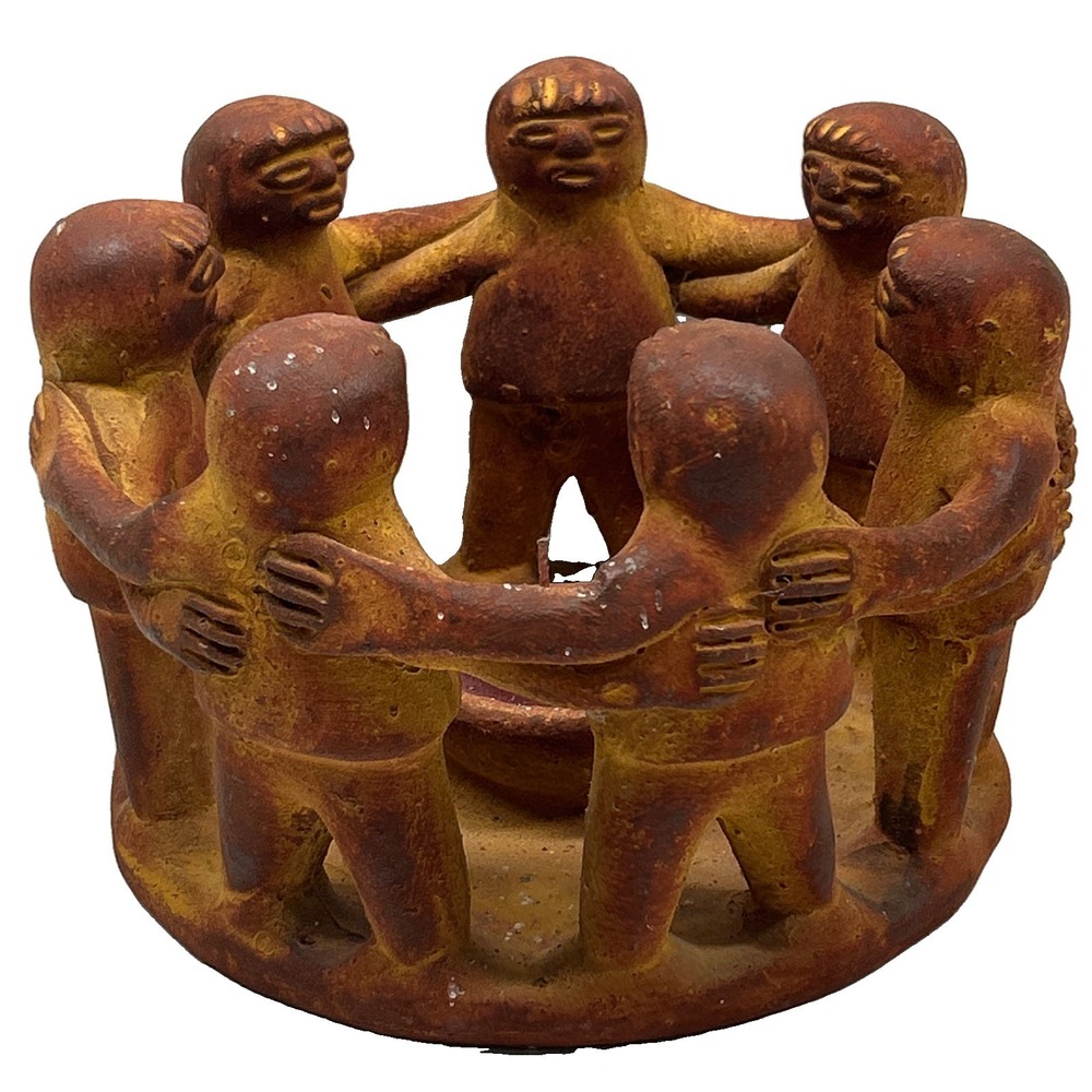 Mexico Aztec Handmade Clay Pottery Circle Of Friends Candle Holder 7 People 7"